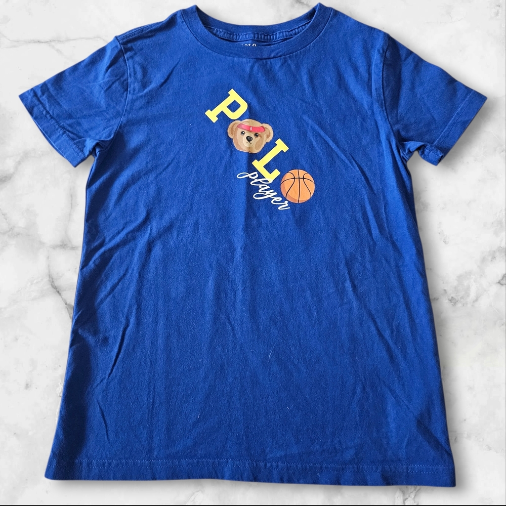 Polo Ralph Lauren Kids Bear POLO Player Basketball Graphic Tee Size 7 Blue